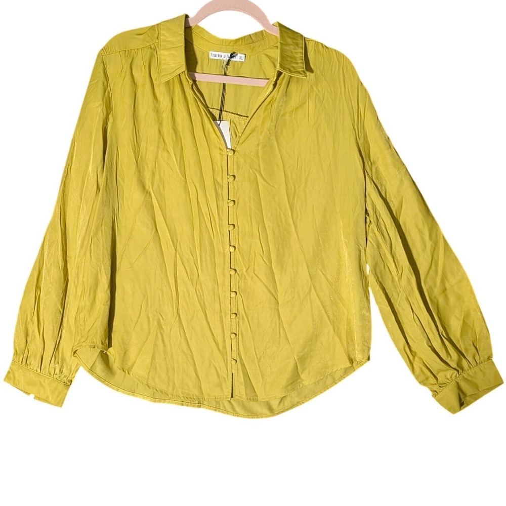 Figueroa & Flower Womens XL Chartreuse Yellow Button Rayon Blend Blouse NEW